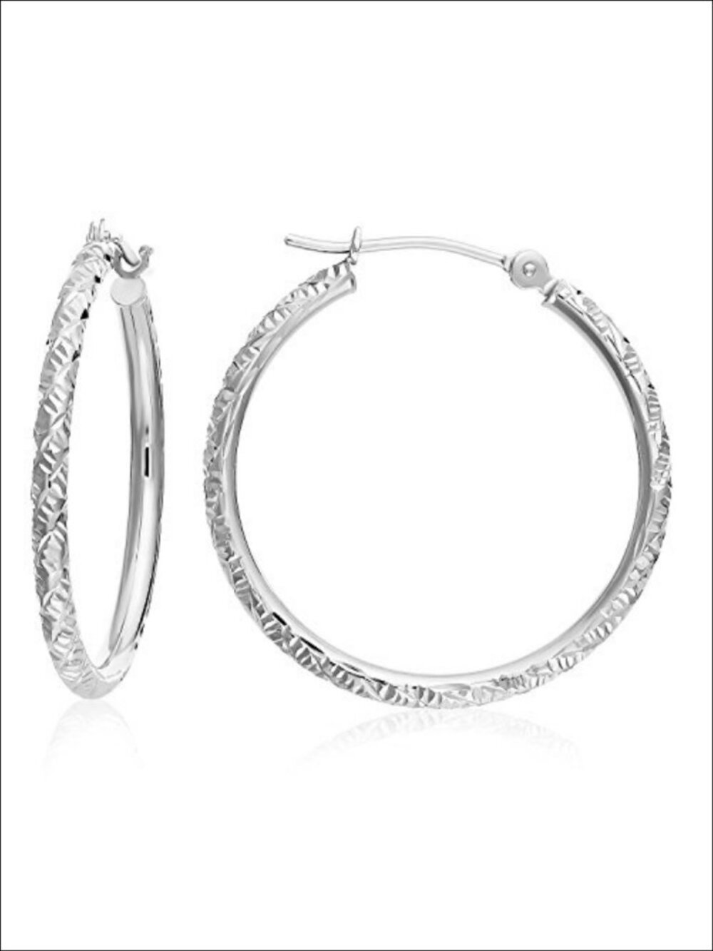 14k White Gold Hand Engraved Diamond Cut Round Hoop Earrings 1 Inch